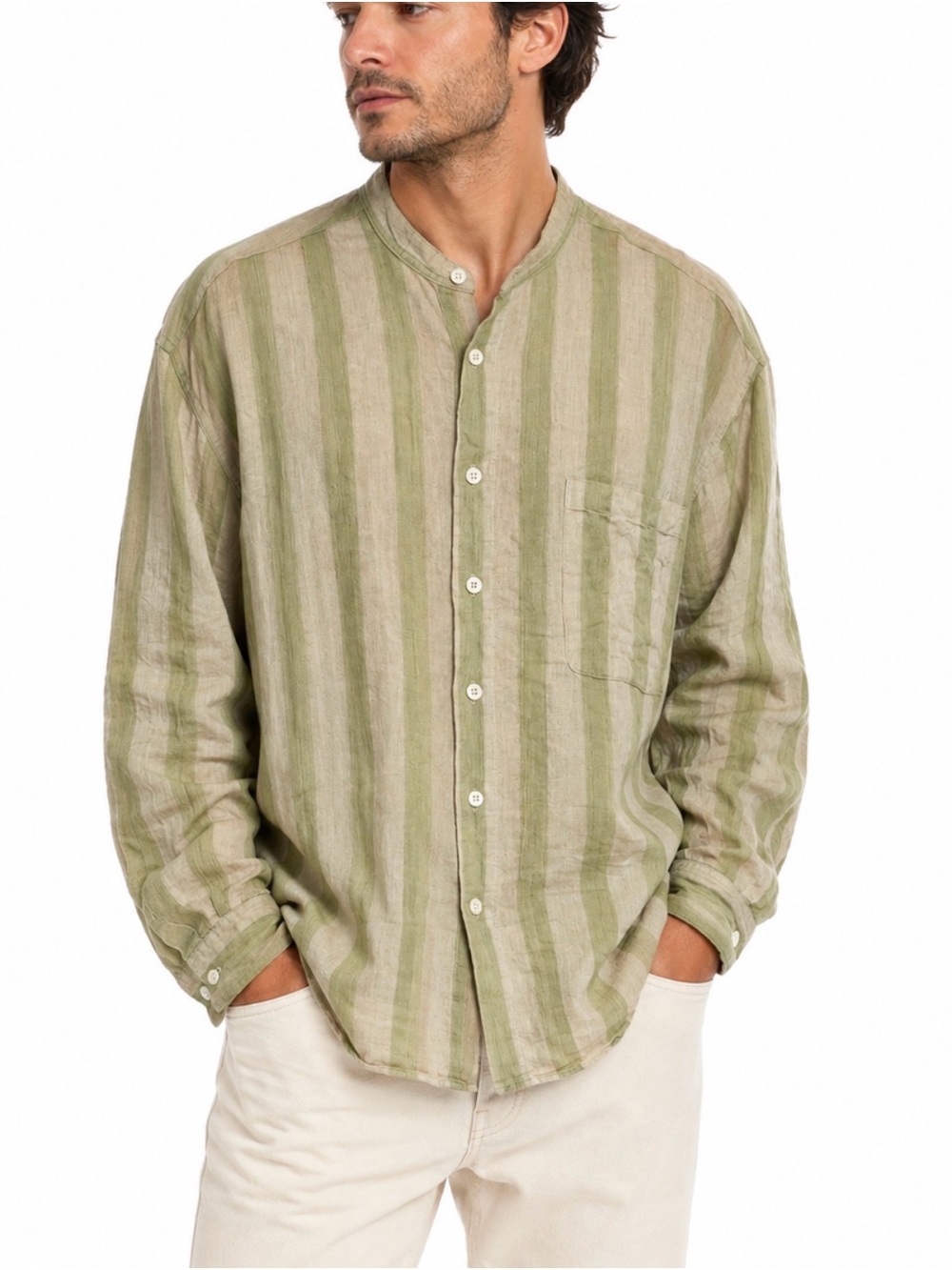VTG Sahara Club Ramie Cotton Blend Green Striped Band-Collar Button-Down Shirt